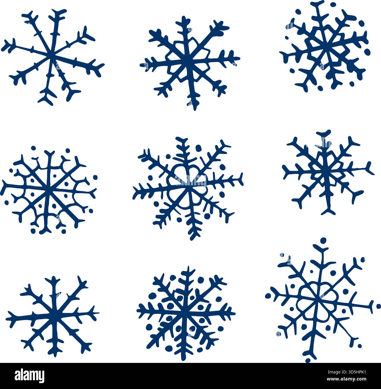 Simpatici fiocchi di neve vettoriali disegnati a mano per decorazioni invernali e natalizie e design grafico Illustrazione Vettoriale