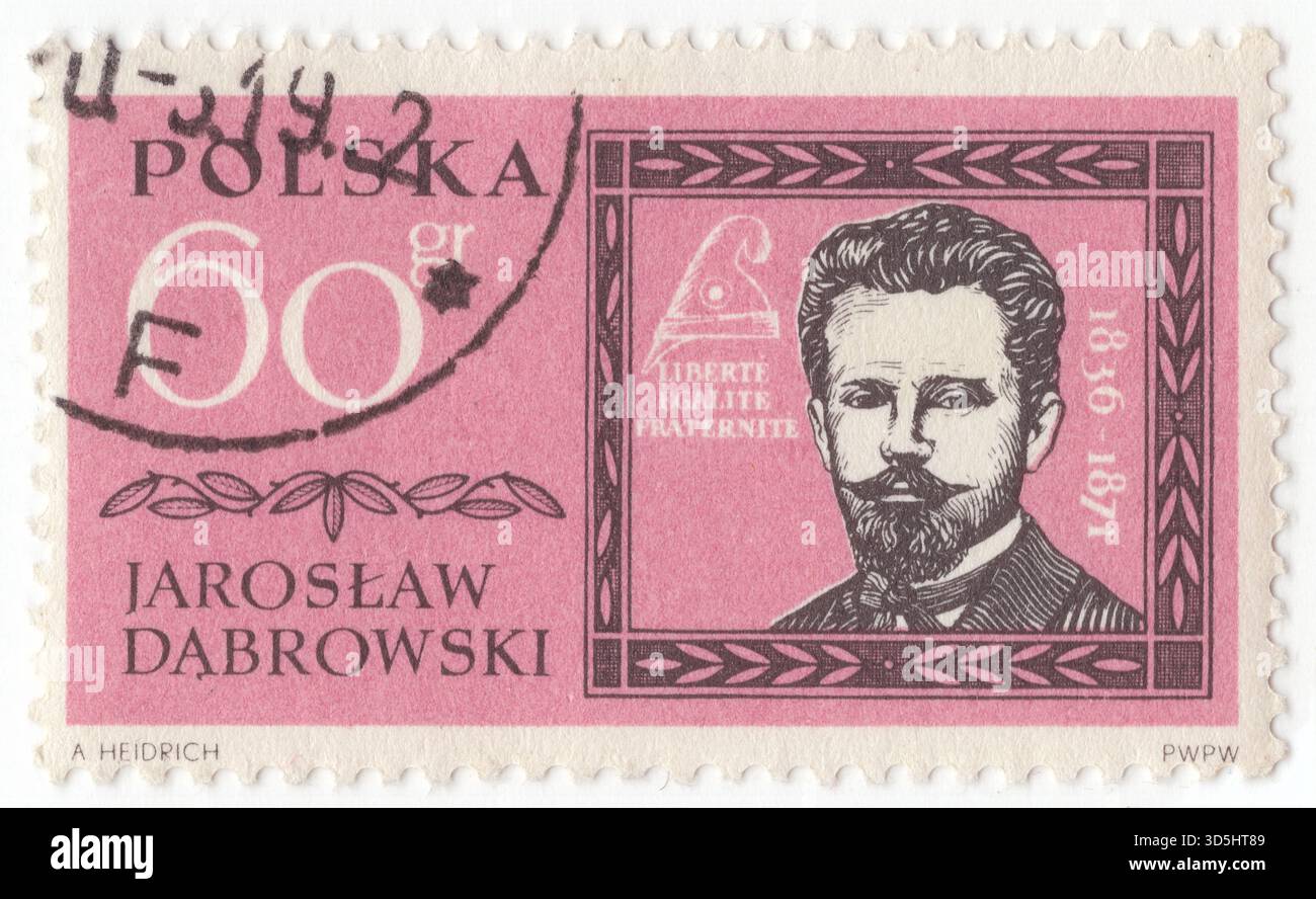 POLONIA — 1962 giugno 20: 60 grosz rose-lilla e francobollo nero raffigurante il ritratto di Jaroslaw Dabrowski. Jarosław Żądło-Dąbrowski, noto anche come Jaroslav Dombrowski, era un nobile polacco e ufficiale militare nell'esercito imperiale russo, un attivista indipendentista di sinistra e repubblicano radicale per la Polonia, e comandante generale e militare della comune di Parigi nel suo periodo successivo. Ha partecipato alla rivolta polacca del 1863 gennaio e uno dei leader della fazione "Rossa" tra gli insurrezionisti come membro del Comitato Nazionale centrale Foto Stock