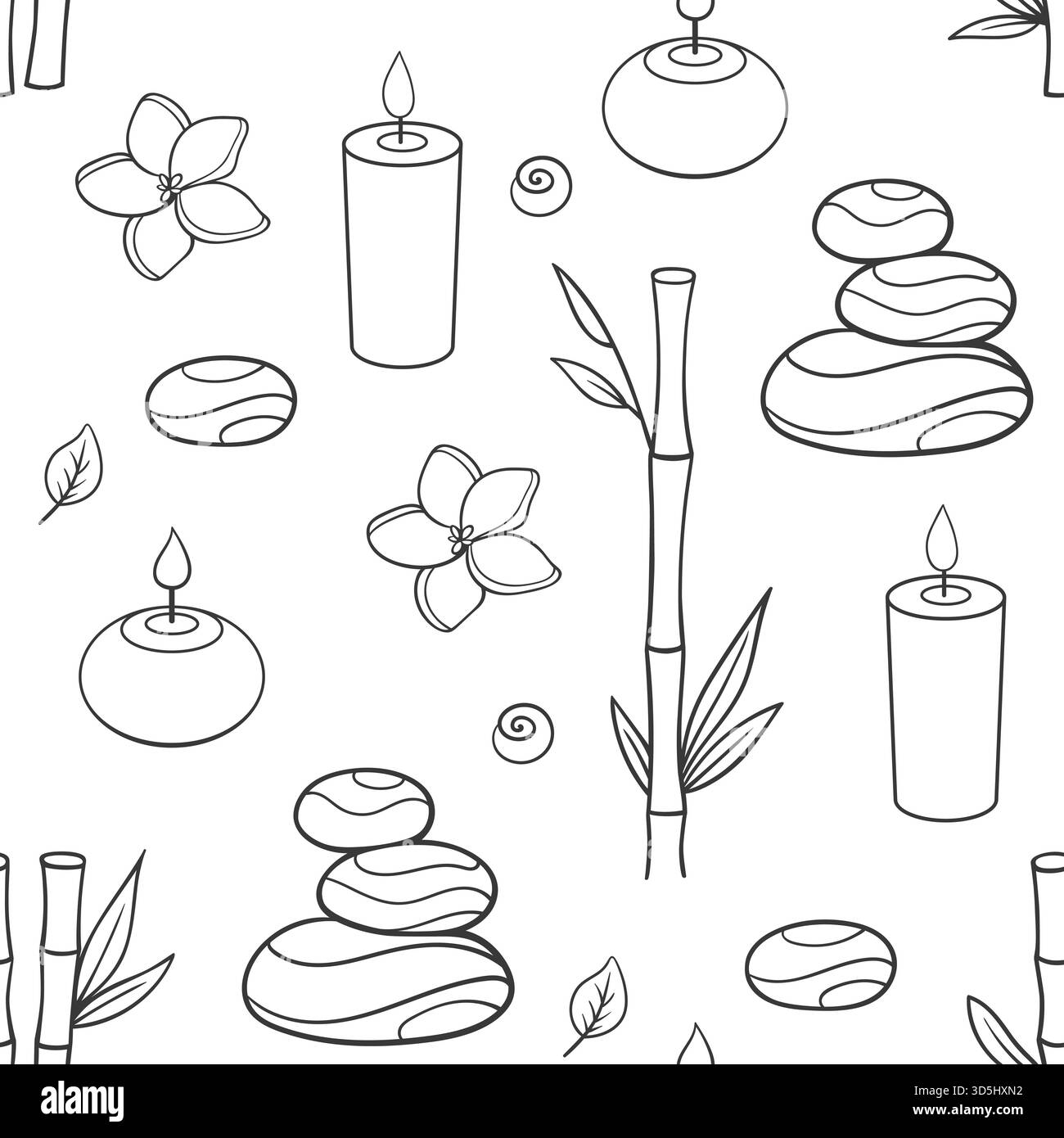 CENTRO BENESSERE e salone di massaggi, aromaterapia e trattamento del corpo senza cuciture. Sfondo vettoriale disegnato a mano Foto Stock