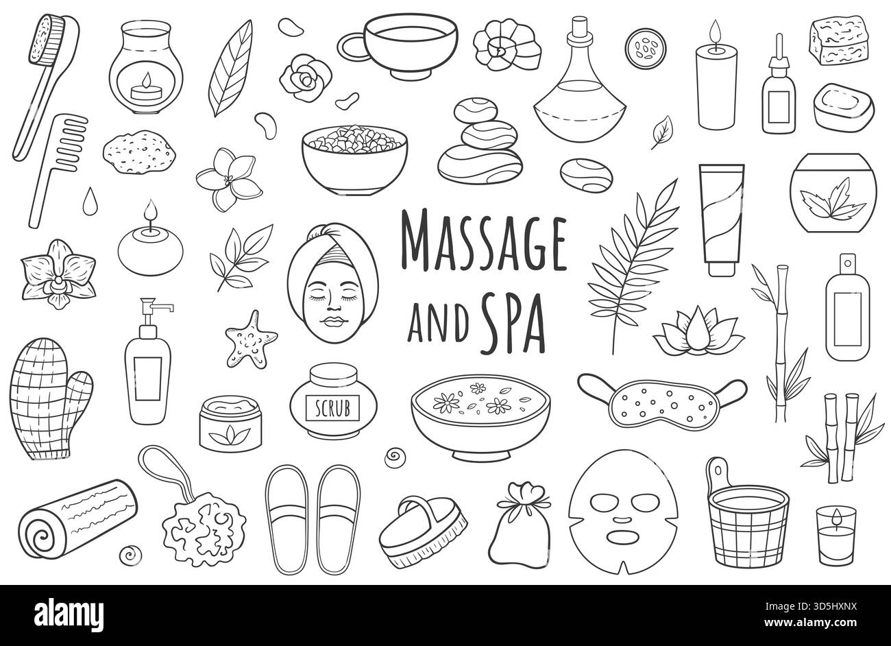 Set di trattamenti SPA e salone massaggi disegnati a mano elementi di design, oli aromaterapici, candele e sapone per la cura del corpo. Foto Stock
