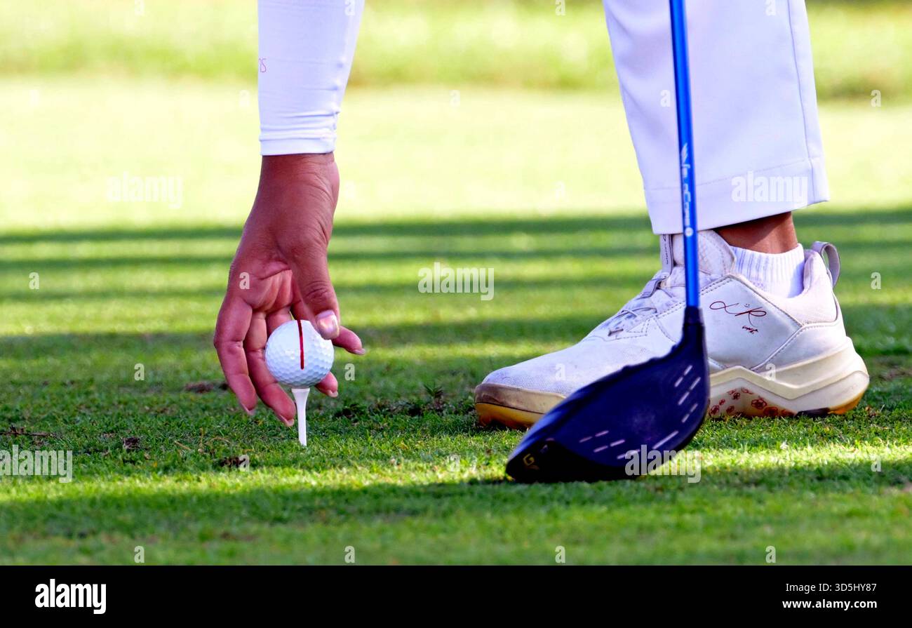 Hong Kong, Cina. 16 novembre 2025. Zhang Weiwei del Guangdong gareggia durante la finale individuale femminile di golf ai XV Giochi nazionali cinesi di Hong Kong, Cina meridionale, 16 novembre 2025. Crediti: Lo Ping fai/Xinhua/Alamy Live News Foto Stock