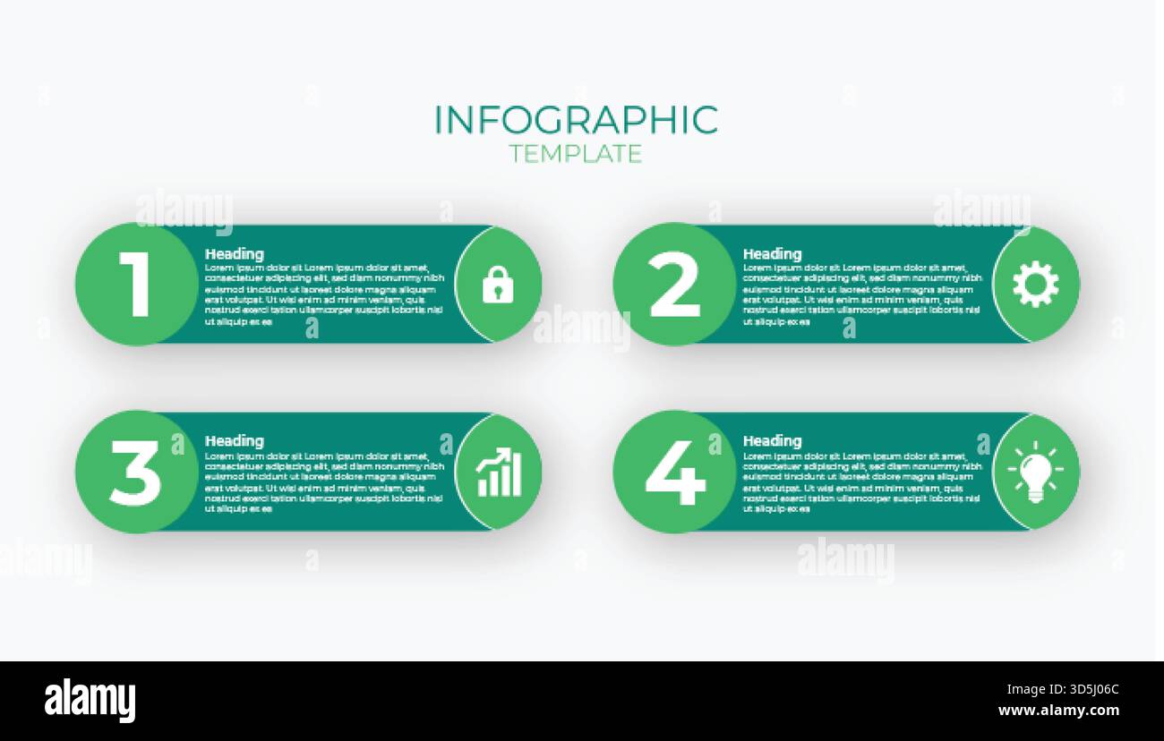 Modello infografico della capsula verde in 4 fasi. Elenco numerato per sicurezza, configurazione, metriche di crescita e idee creative. Diapositiva di presentazione moderna. Illustrazione Vettoriale