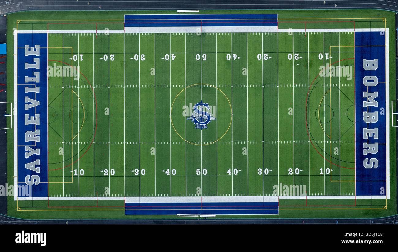 Veduta aerea dello stadio Sayreville Bombers High School Football Field di Sayreville, New Jersey Foto Stock