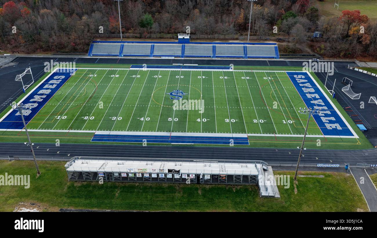 Veduta aerea dello stadio Sayreville Bombers High School Football Field di Sayreville, New Jersey Foto Stock