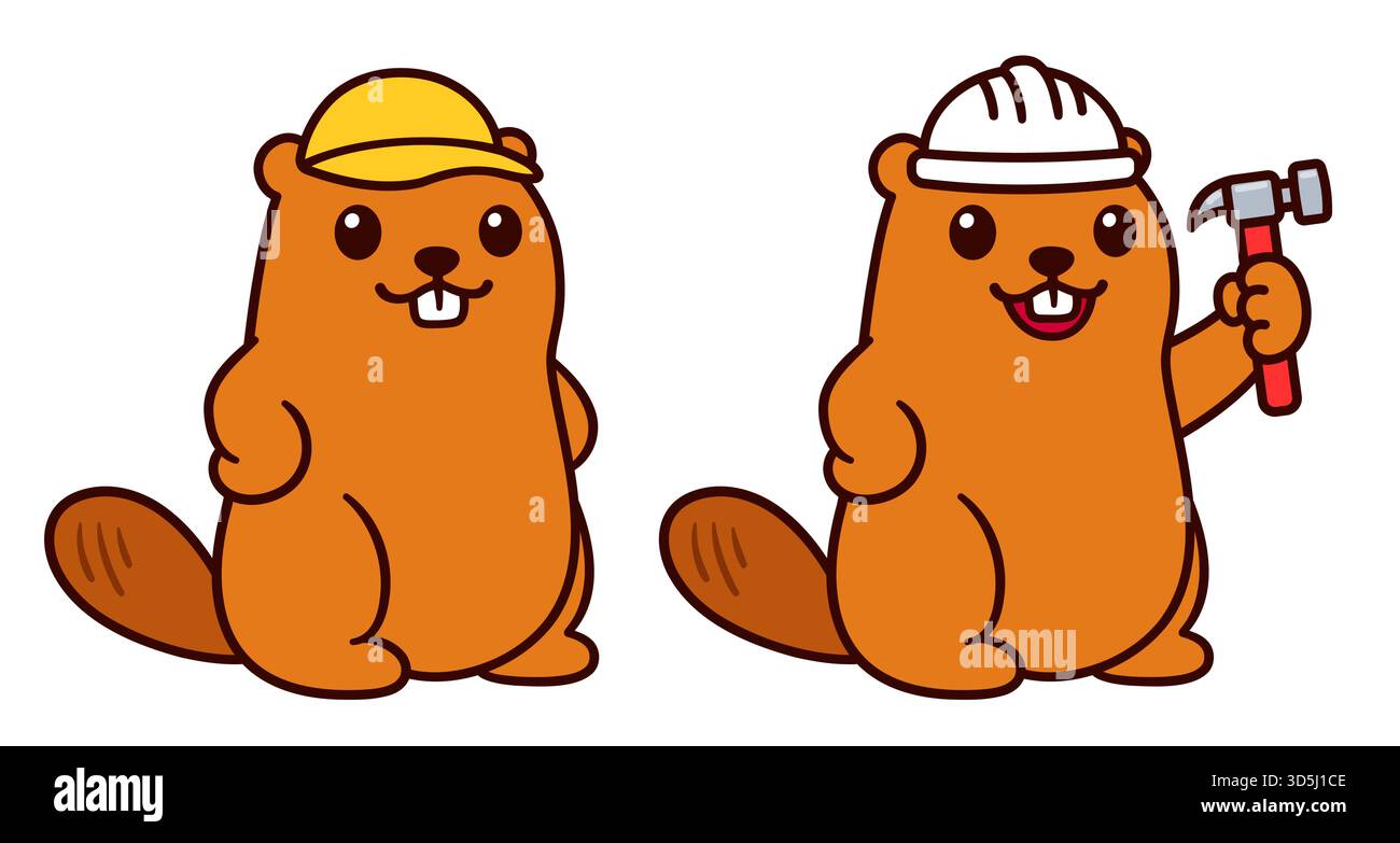 Carino lavoratore di cartoni animati, personaggio della mascotte con cappello giallo, martello e elmetto. Illustrazione grafica del clip vettoriale isolato. Illustrazione Vettoriale