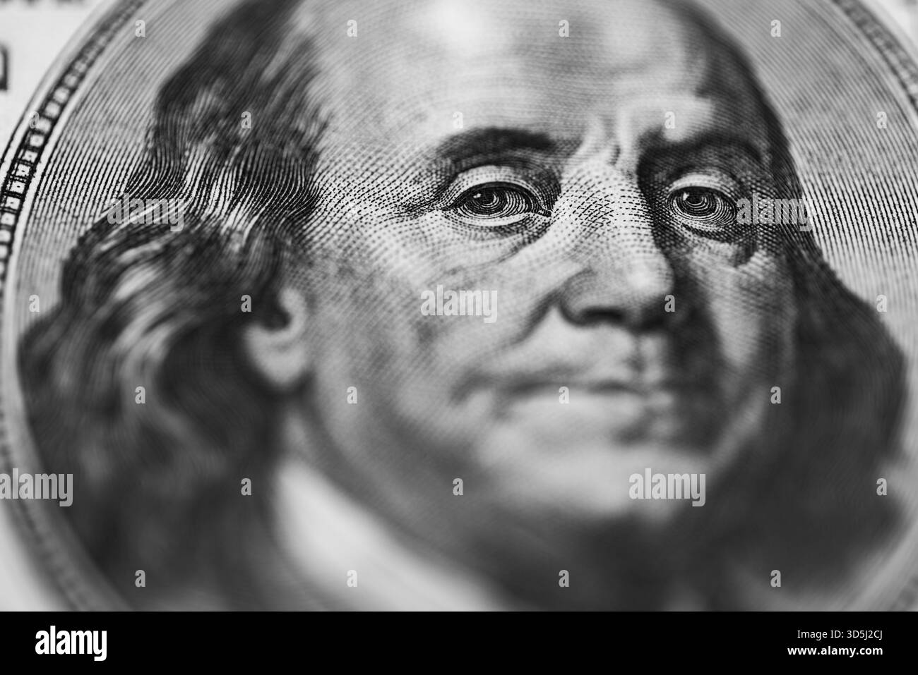 Extreme Macro Portrait Detail di Benjamin Franklin su US One Hundred Dollar Bill Foto Stock