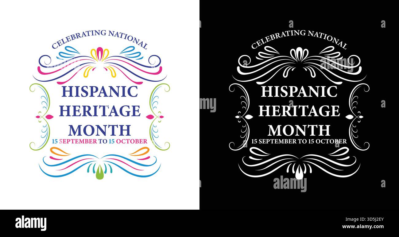Testo del National Hispanic Heritage Month con ornamenti floreali, striscione vettoriale culturale, da settembre a ottobre Illustrazione Vettoriale