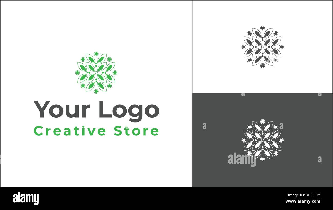 Design vettoriale con logo mandala in foglia verde astratta, icona circolare con natura floreale per un'identità creativa di branding aziendale Illustrazione Vettoriale