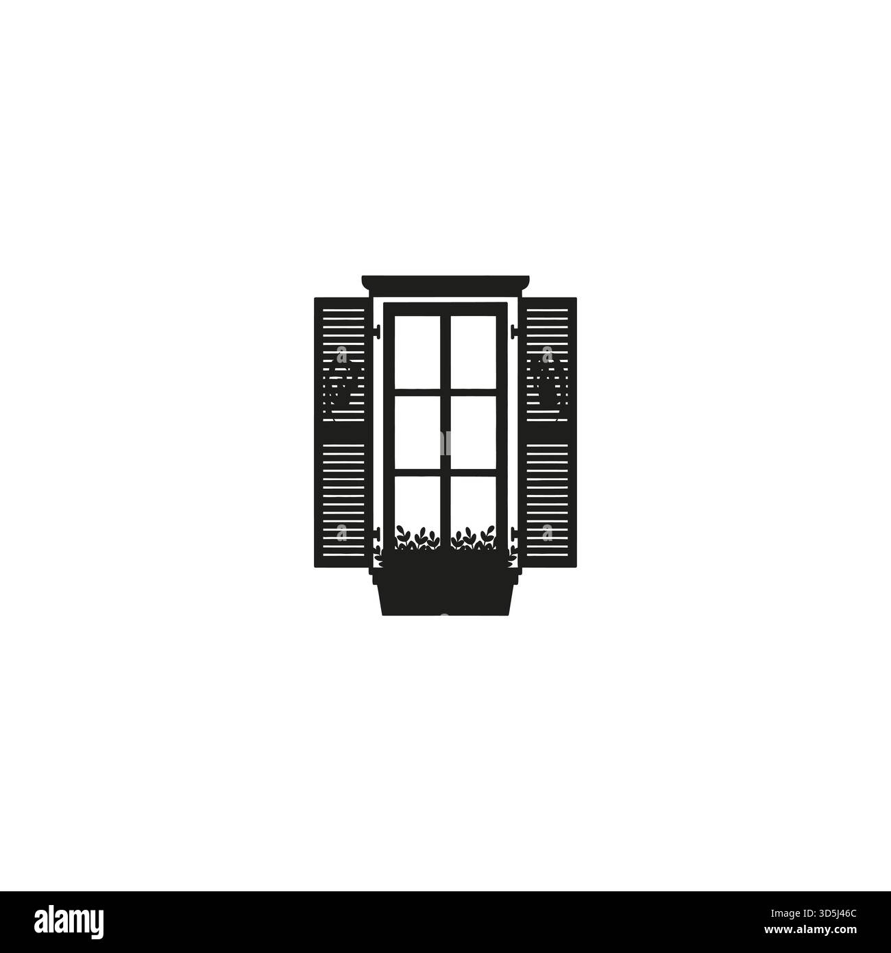 Una silhouette di una tradizionale finestra francese con persiane aperte e una scatola fioriera piena di delicati fiori sotto. Illustrazione Vettoriale