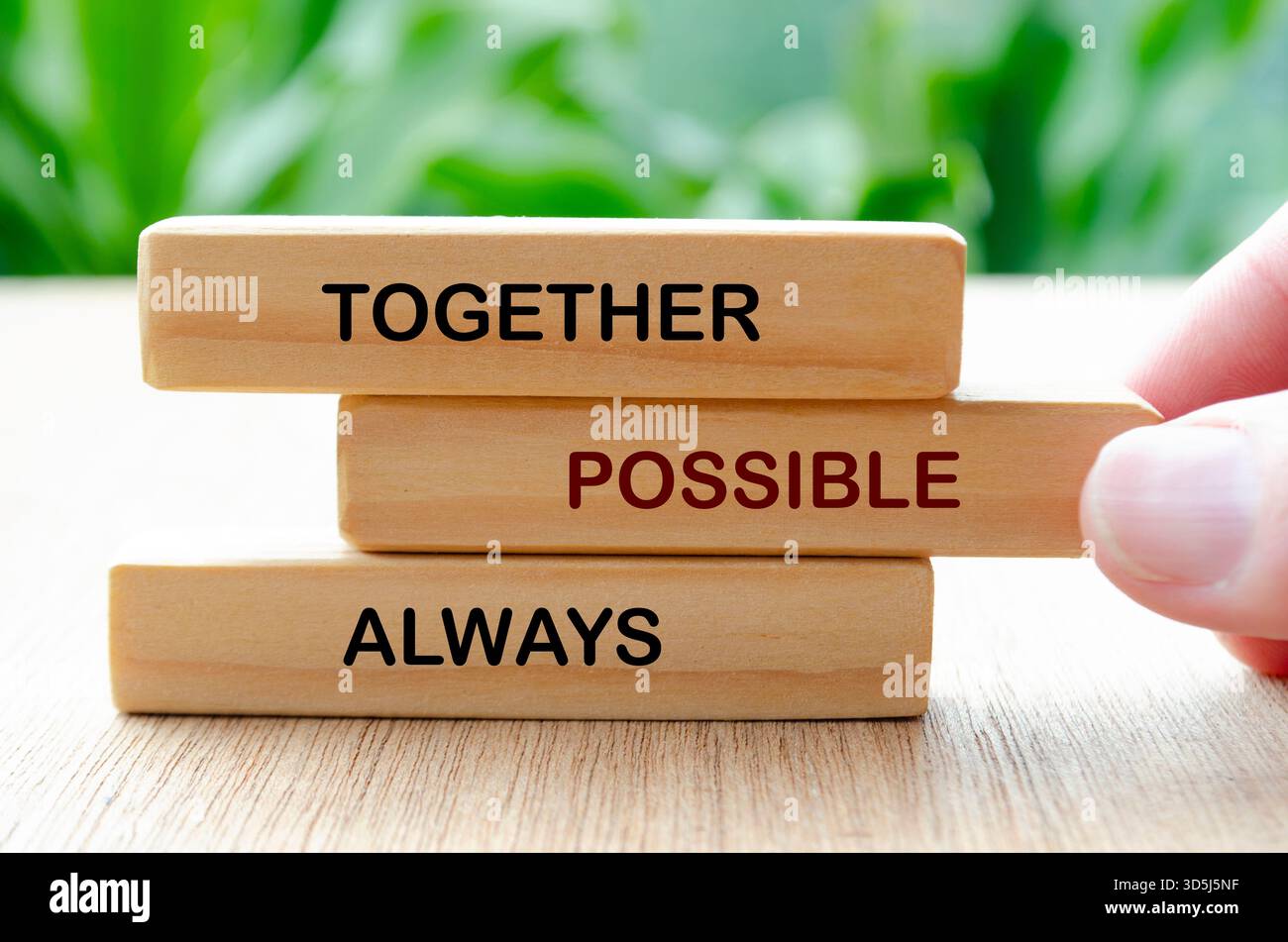 Insieme è sempre possibile scrivere su blocchi di legno. Concetto di lavoro di squadra Foto Stock