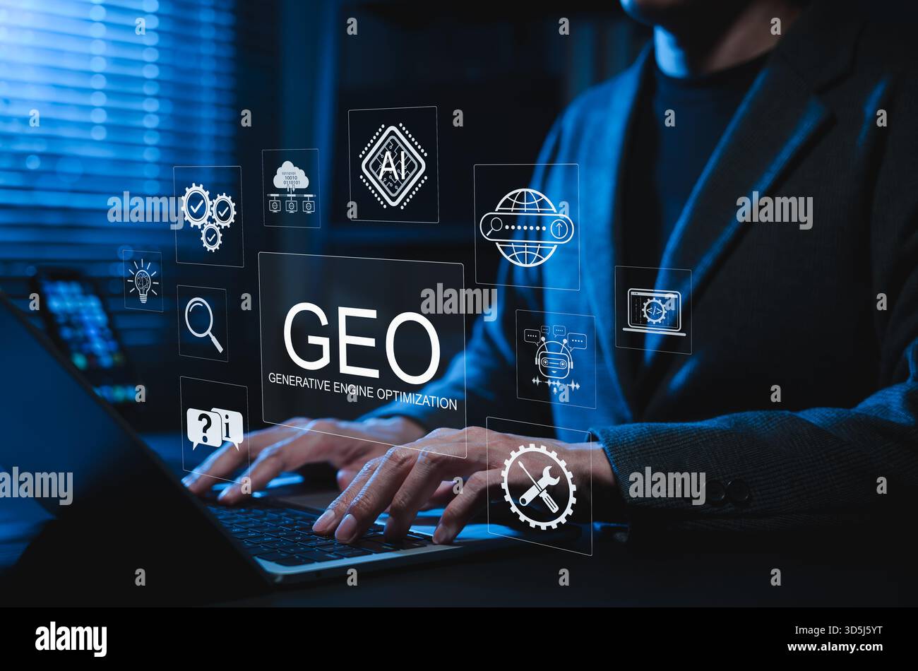 Concetto di ottimizzazione del motore generativo GEO. Professionisti che utilizzano notebook con icone ai rappresentano tecnologie SEO avanzate, ricerca ai, strategia di siti Web, Foto Stock