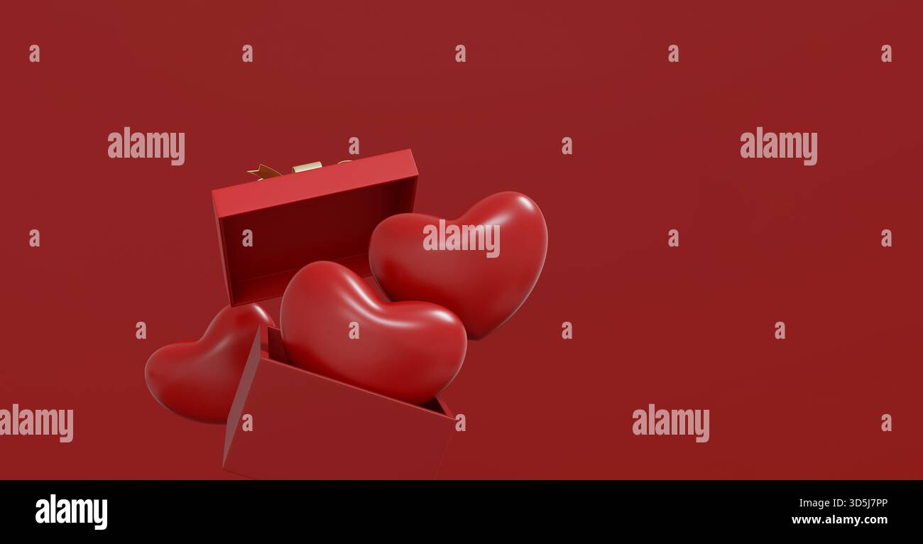 Scena rossa drammatica con tipografia "LOVE" in 3d che emerge da una confezione regalo aperta. ampio sfondo con ampio spazio per le copie, perfetto per romantiche stagioni Foto Stock