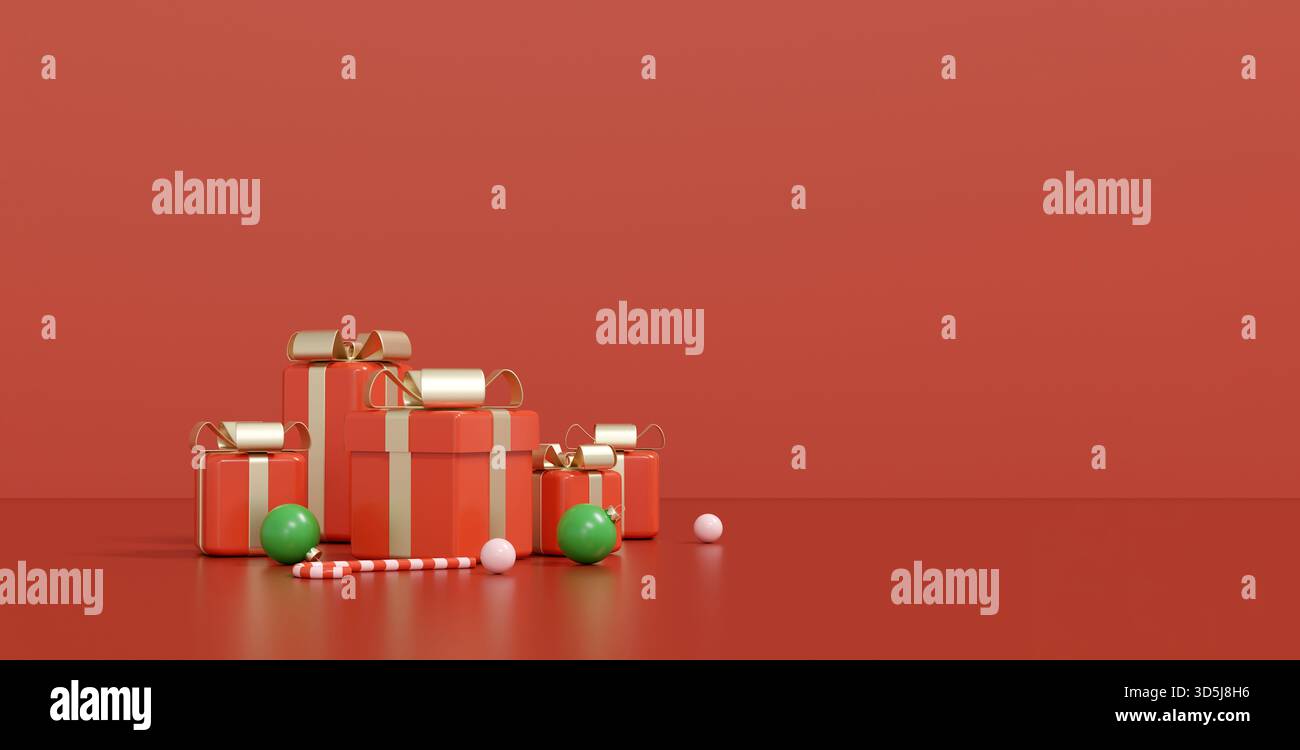 Elegante rendering in 3D dei regali di Natale rossi su sfondo rosso fisso. Perfetto per le vacanze in stile minimalista per banner, spazi per copie o biglietti di auguri Foto Stock