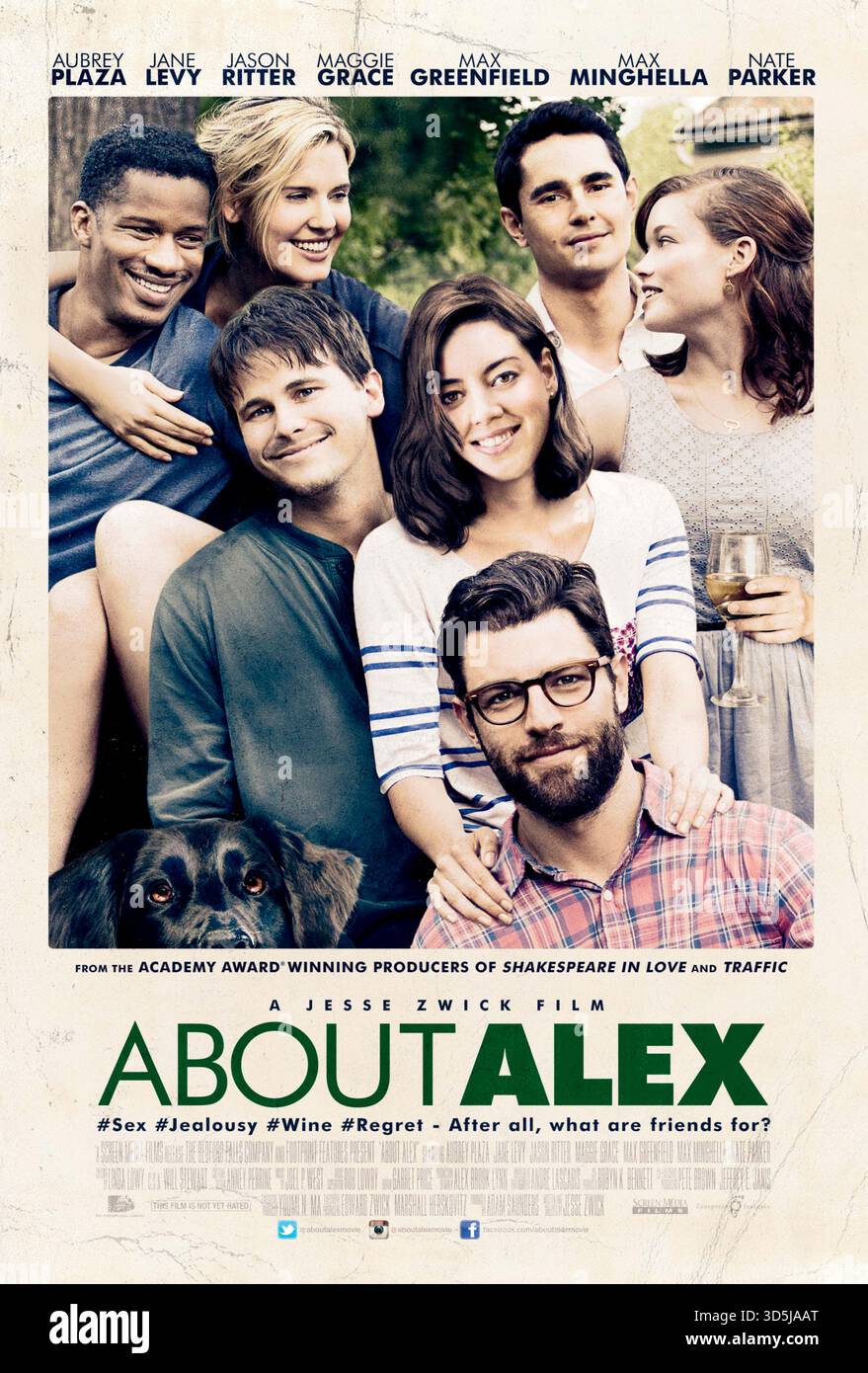 About Alex (2014) diretto da Jesse Zwick e interpretato da Jason Ritter, Nate Parker e Maggie Grace. Sette amici del college si riuniscono per un fine settimana in una casa di campagna quando Alex tenta di suicidarsi, portando a confessioni, scontri e decisioni sul loro futuro. USA SOLO PER USO EDITORIALE DI un foglio di poster. Credito: BFA / Screen Media Films Foto Stock
