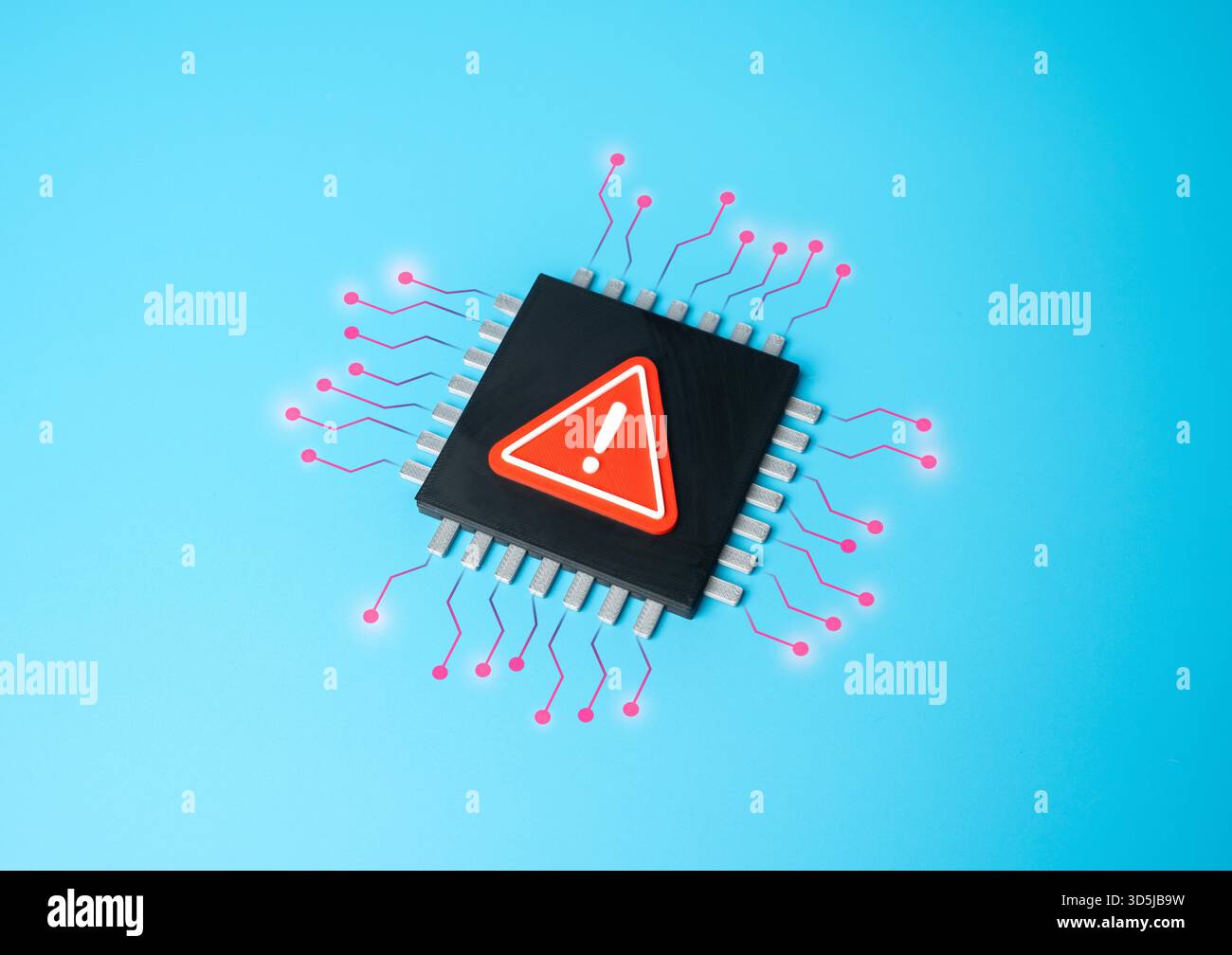 Microchip pericoloso. Microchip con un errore o un difetto critico. Vulnerabilità della sicurezza informatica. Minacce informatiche, hacking e protezione delle informazioni. Difetti del sistema digitale. Rischi di perdita di dati Foto Stock