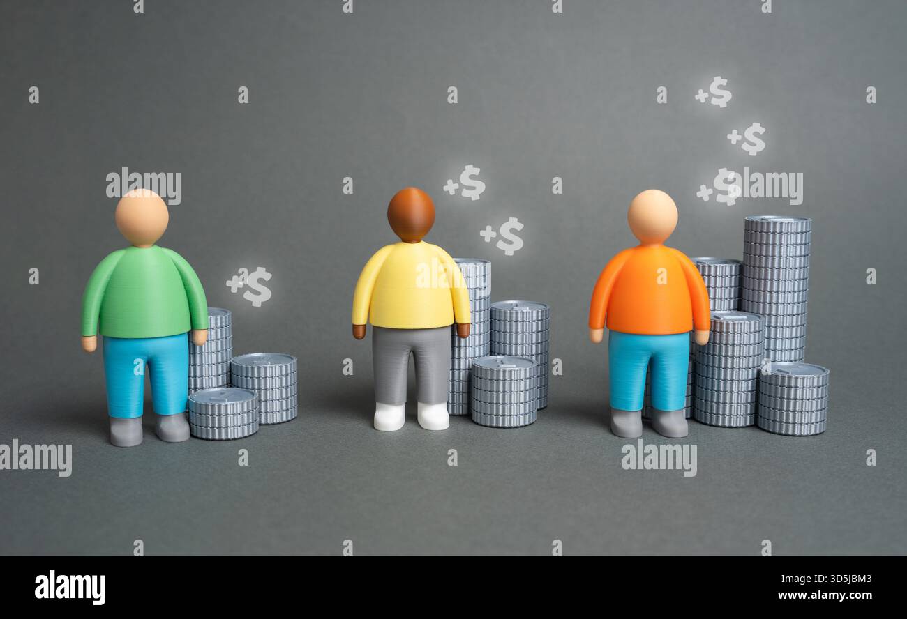 Le persone e i loro livelli di reddito. Confronto del benessere finanziario. Ricerca sociale. Disuguaglianza economica, divario di reddito e analisi demografica della distribuzione della ricchezza Foto Stock