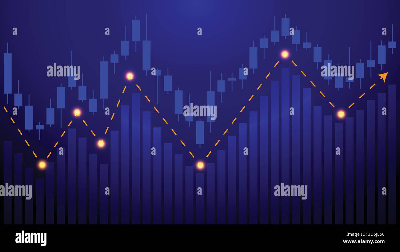 Grafico di trading blu scuro con linea di tendenza arancione brillante e candele, grafico di analisi del mercato azionario vettoriale Illustrazione Vettoriale