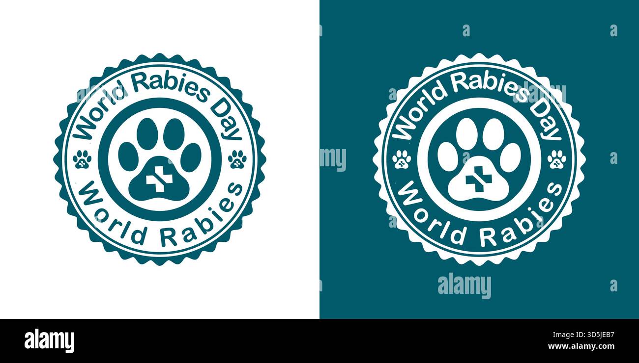 Il francobollo della giornata mondiale della rabbia con stampa della zampa e croce medica, distintivo veterinario di sensibilizzazione vettoriale per la vaccinazione Illustrazione Vettoriale