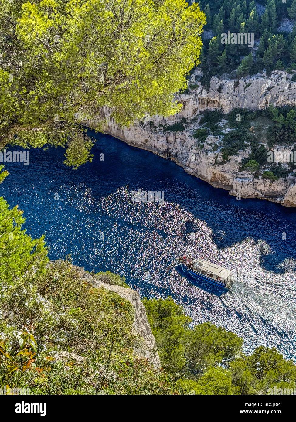 Crociera in barca attraverso lo stretto canale di calanque d'en vau circondato da scogliere e alberi Foto Stock