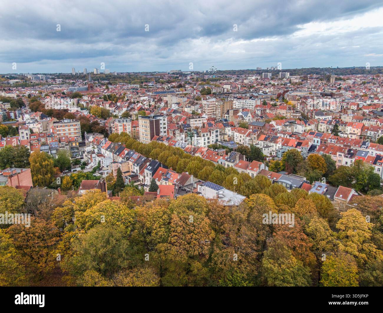 Paesaggio urbano di Bruxelles con edifici residenziali e fogliame autunnale sotto un cielo nuvoloso Foto Stock
