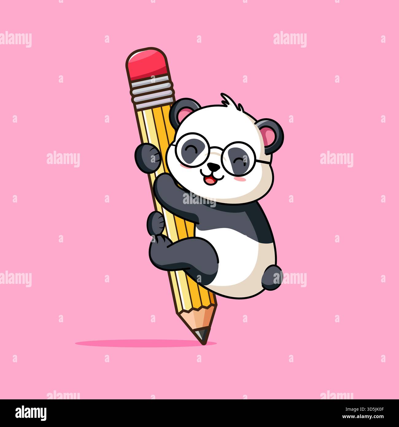 Simpatico Panda con occhiali che reggono una matita gigante illustrazione vettoriale disegno di un cartone animato Illustrazione Vettoriale