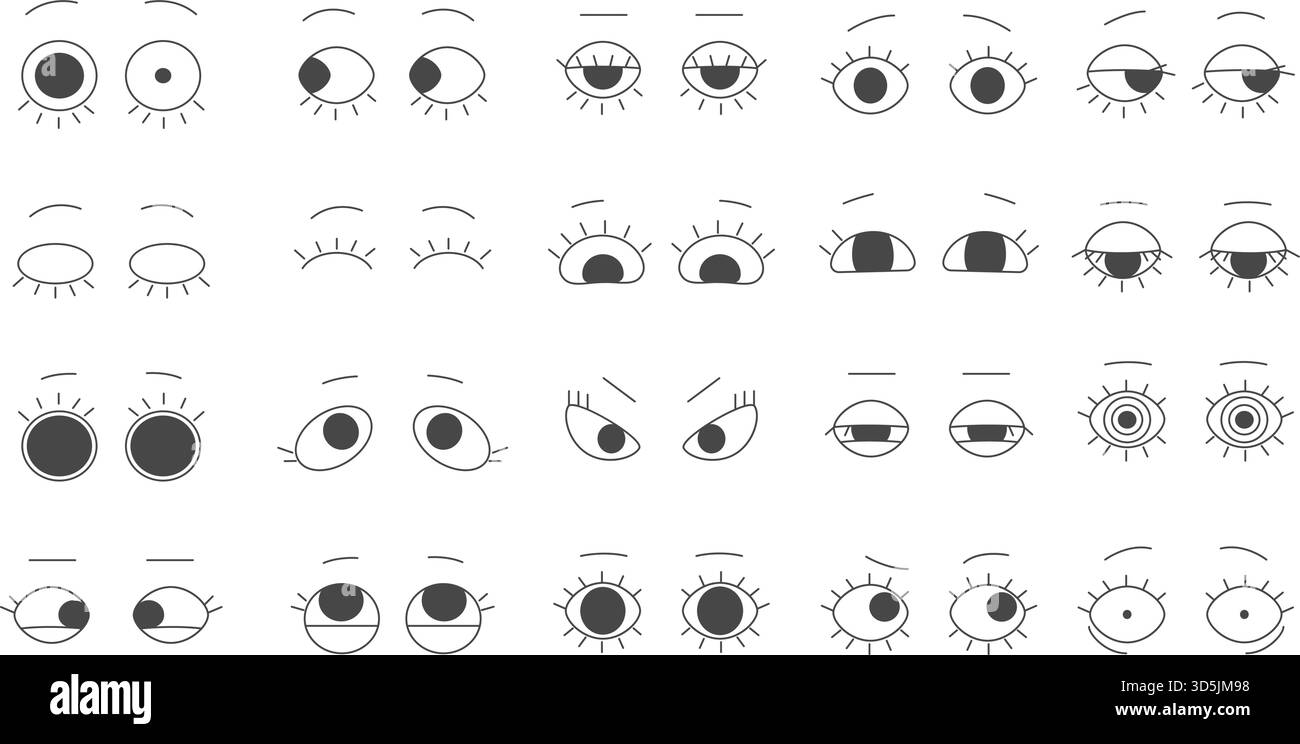 Collezione di vari occhi di doodle disegnati a mano in diverse espressioni e stili, perfetta per progetti creativi ed elementi di design, isolata su sfondo bianco illustrazione vettoriale Illustrazione Vettoriale