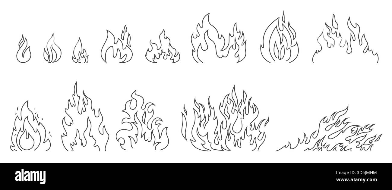 Collezione di vari scarabocchi con linee di fiamma in stile disegnato a mano, con diverse forme di fuoco e contorni per progetti creativi e decorazioni illustrazioni vettoriali Illustrazione Vettoriale