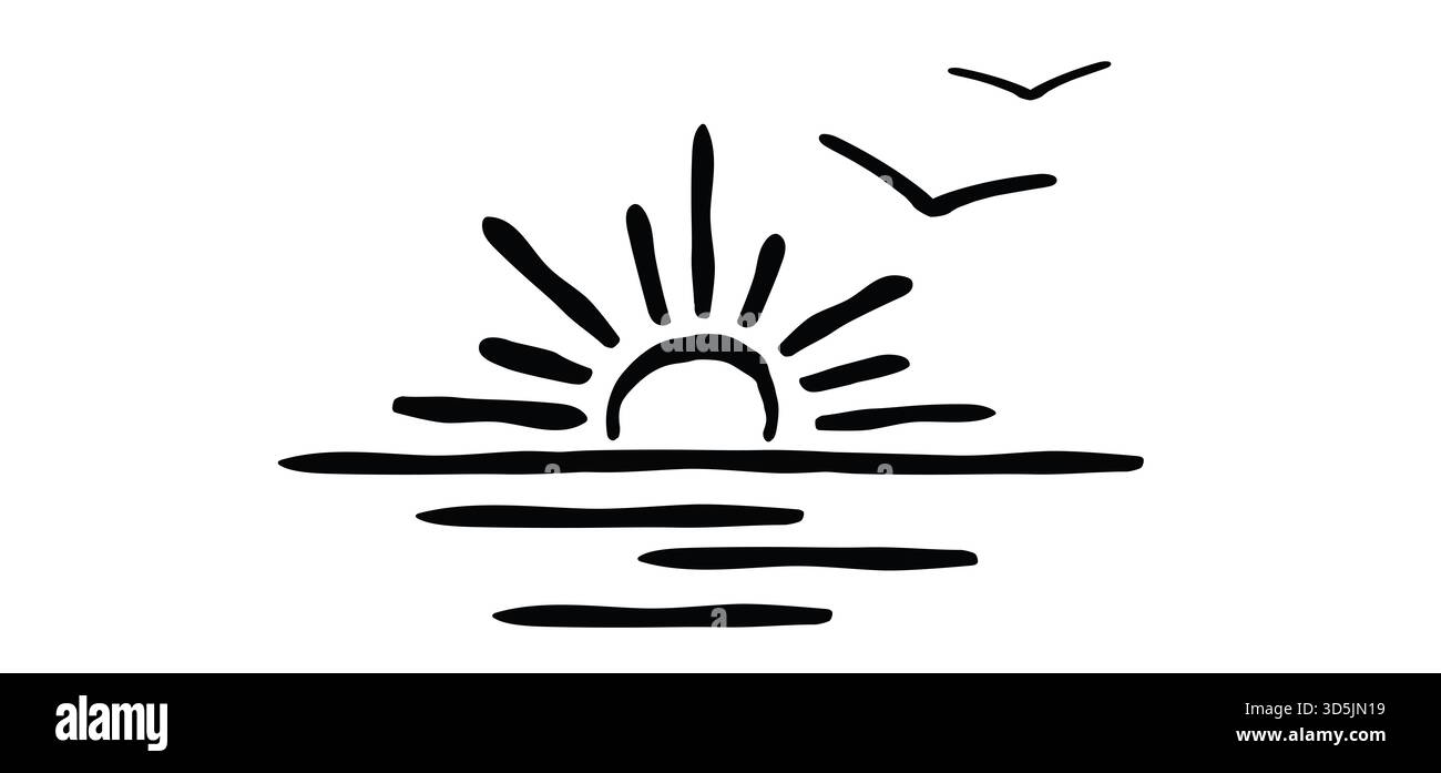 Cartone animato che disegna metà sole o luce solare e uccello. Raggi luminosi. Sole all'alba. Strumenti meteo. Potenza, schema della linea Sun rise. Sole e tramonto. wate Foto Stock