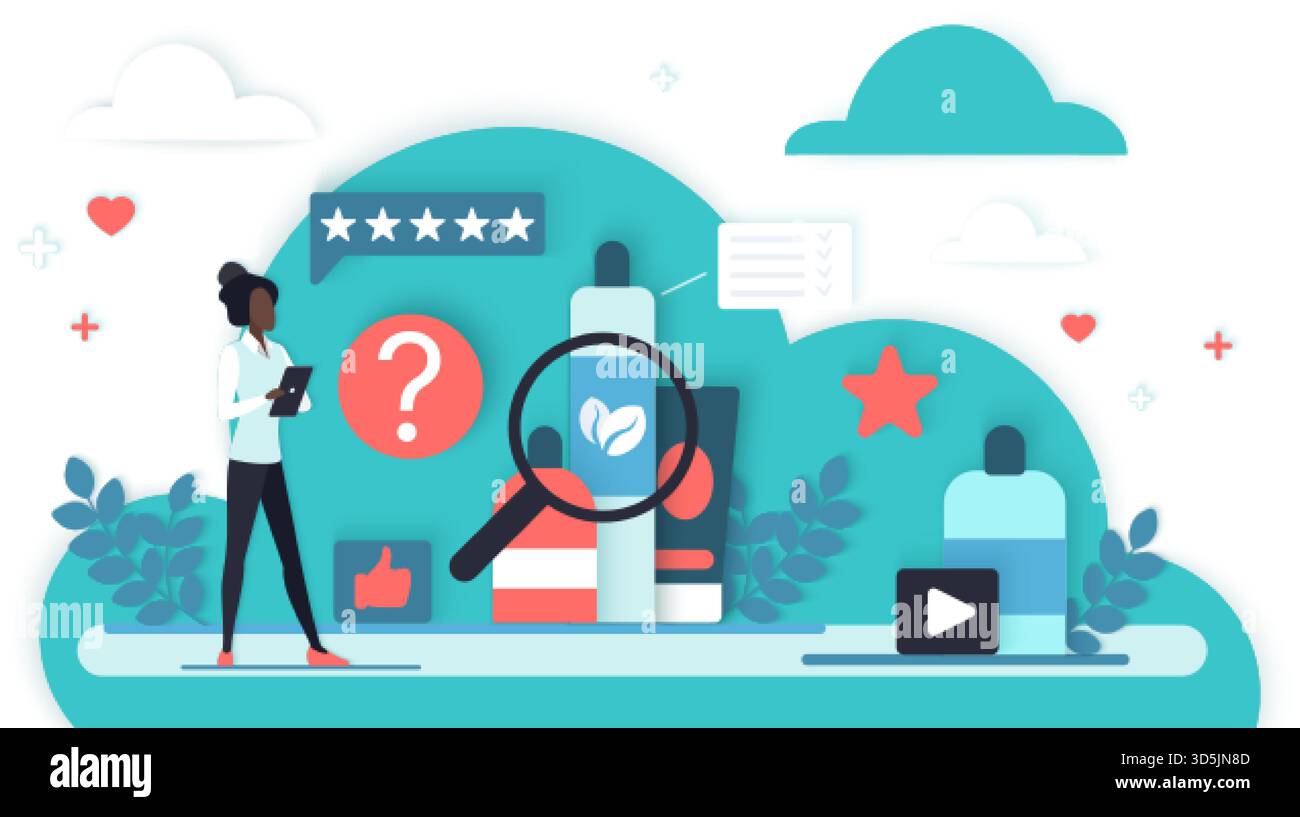 Il cliente valuta la qualità del prodotto utilizzando icone di revisione digitali, stelle di valutazione e simboli di feedback per lo shopping online e il concetto di processo decisionale isolato su sfondo bianco Illustrazione Vettoriale