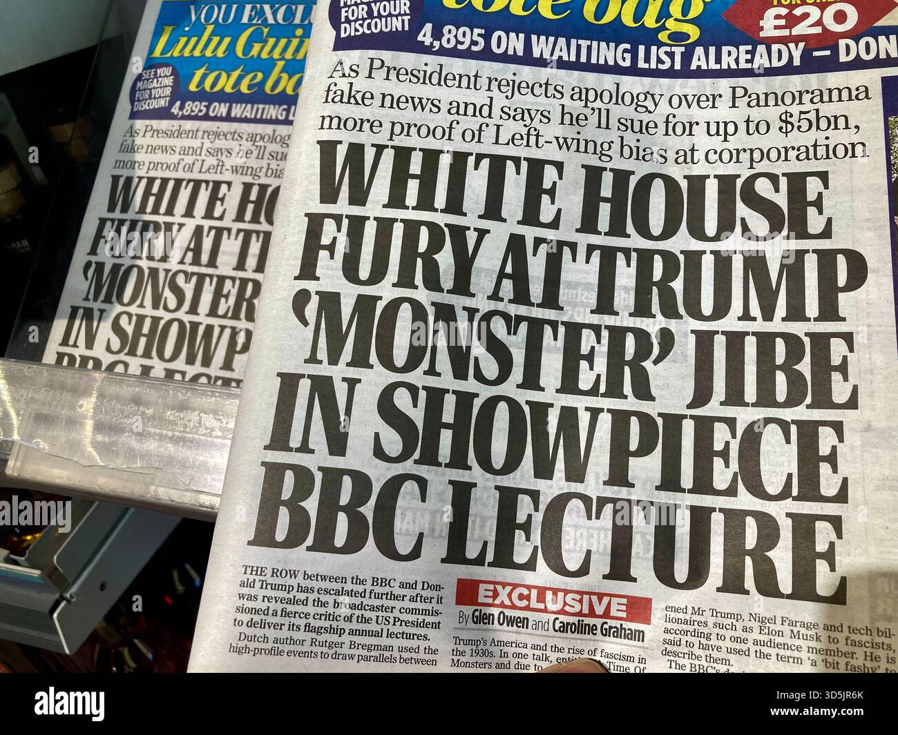 Un giornale britannico riporta ulteriori prove di parzialità di sinistra presso le aziende, gli Stati Uniti respingono le scuse per le notizie false di Panorama e citano in giudizio la BBC per un massimo di 5 miliardi Foto Stock