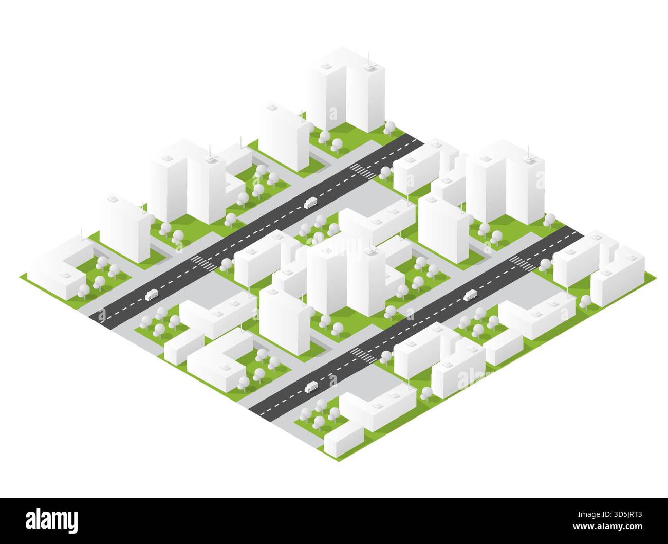 Piano urbano isometrico con edifici moderni, aree verdi e rete stradale su sfondo bianco Illustrazione Vettoriale