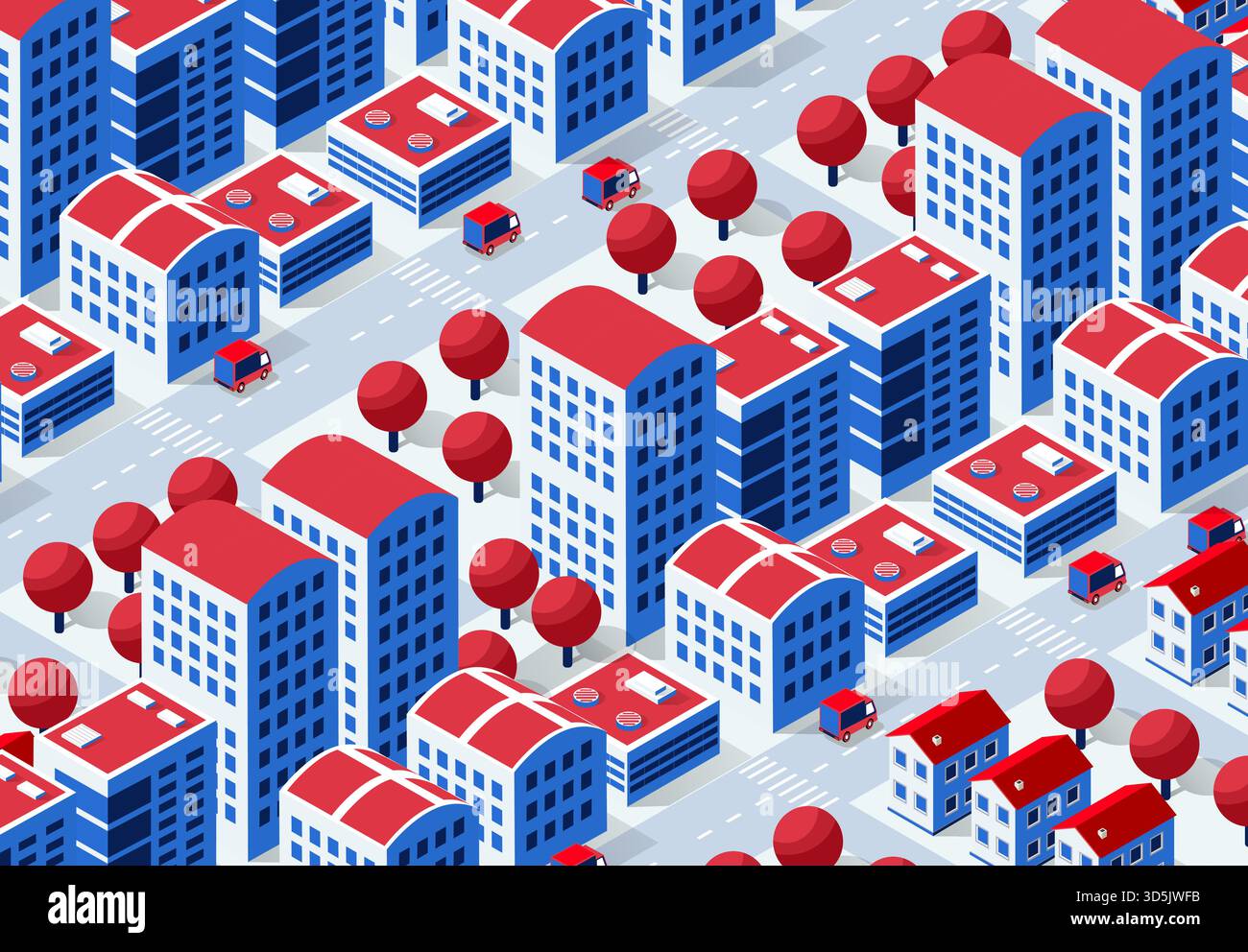 Paesaggio urbano isometrico che mostra vari edifici, strade con auto e alberi in un'illustrazione stilizzata rossa e blu Illustrazione Vettoriale