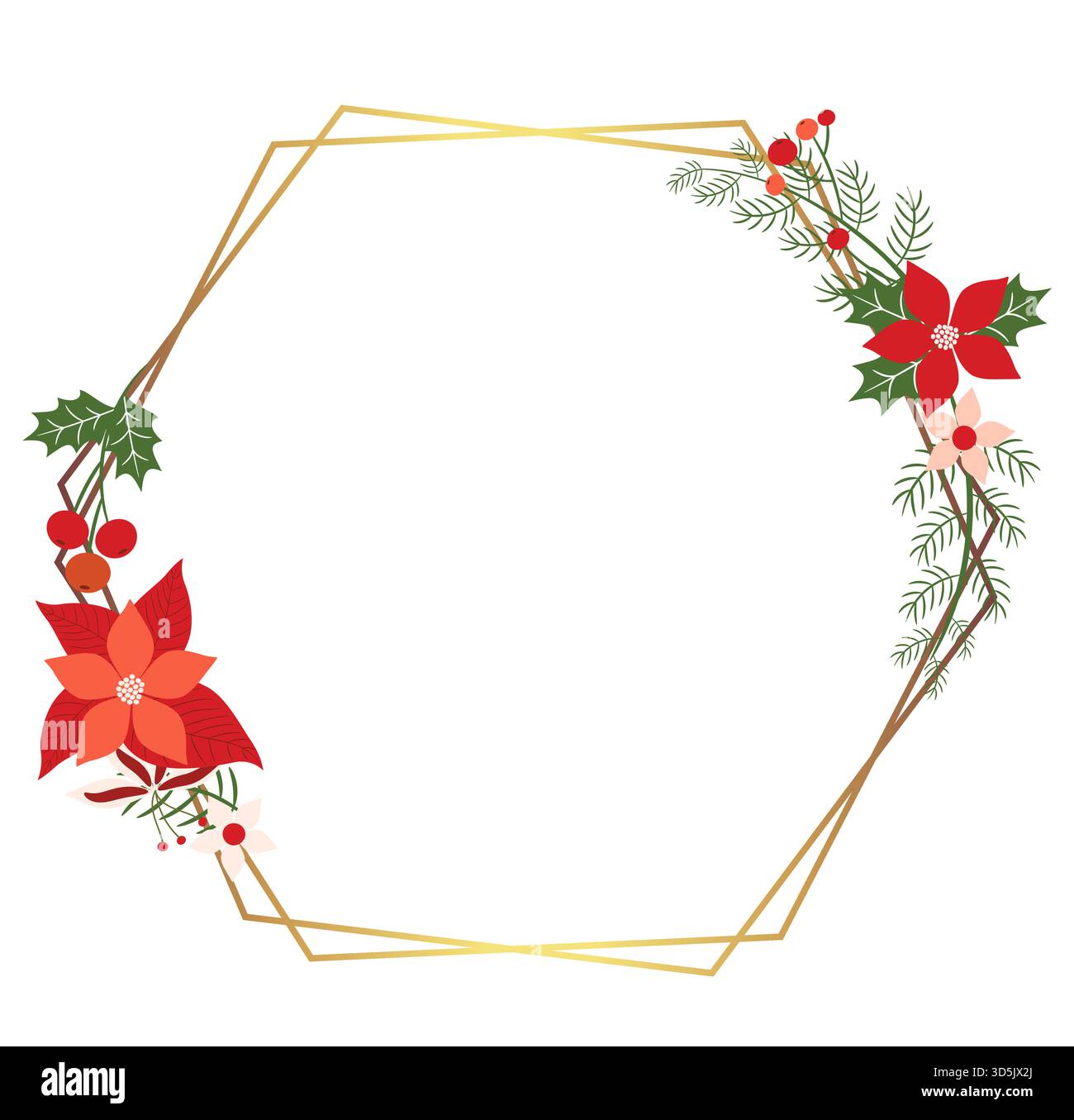 Bordo floreale dorato con punta e rami con aghi, cornice geometrica vettoriale per disegni natalizi Illustrazione Vettoriale
