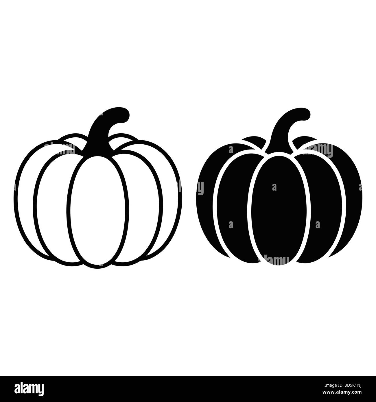 Una grafica semplice con due zucche stilizzate affiancate. Uno è un contorno, l'altro è una silhouette nera. Illustrazione Vettoriale