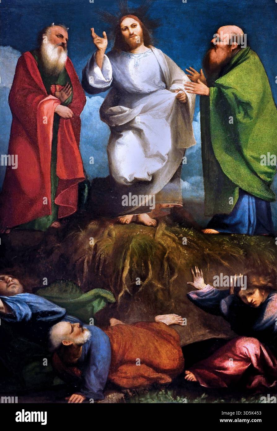 Trasfigurazione (Gesù)1518 Pordenone (Giovanni Antonio de' Sacchis) XVI secolo l'Italia. Italiano. ( Gli apostoli a realizzare la natura divina di Gesù che appare loro circondato da una luce brillante corredata di Mosè e di Elia. ) Foto Stock