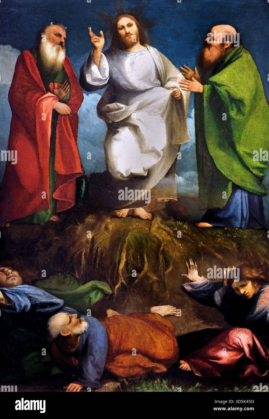 Trasfigurazione (Gesù)1518 Pordenone (Giovanni Antonio de' Sacchis) XVI secolo l'Italia. Italiano. ( Gli apostoli a realizzare la natura divina di Gesù che appare loro circondato da una luce brillante corredata di Mosè e di Elia. ) Foto Stock