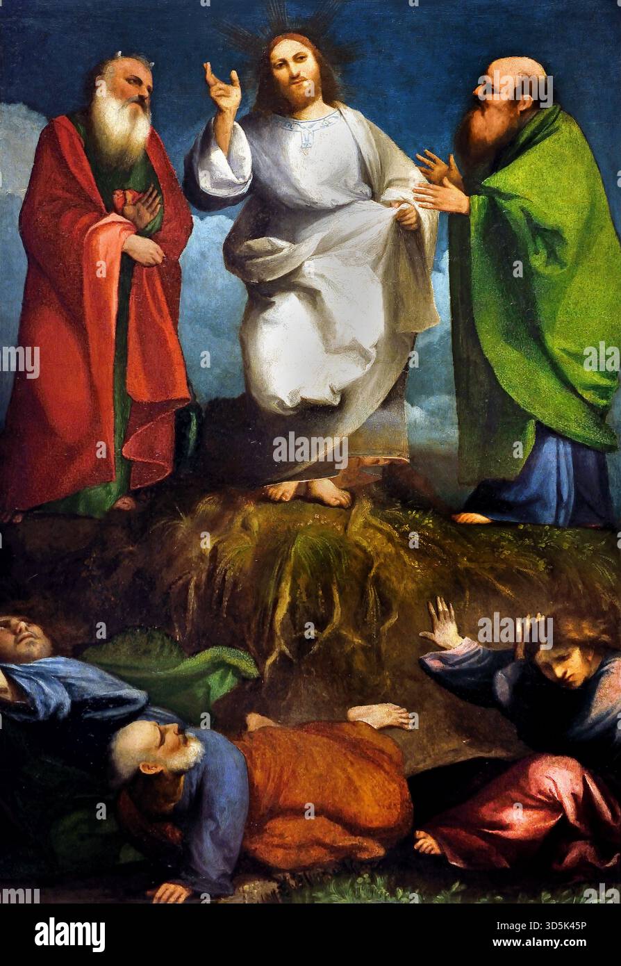 Trasfigurazione (Gesù)1518 Pordenone (Giovanni Antonio de' Sacchis) XVI secolo l'Italia. Italiano. ( Gli apostoli a realizzare la natura divina di Gesù che appare loro circondato da una luce brillante corredata di Mosè e di Elia. ) Foto Stock