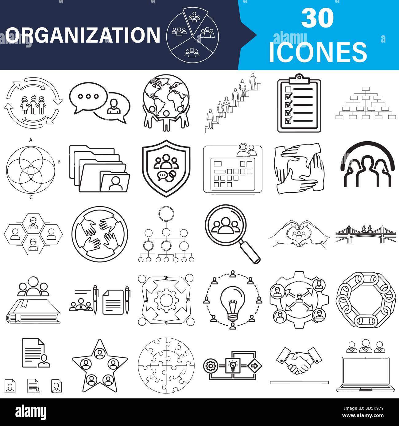 Organizzazione, lavoro di squadra, gestione aziendale delineano la raccolta di icone Vector Illustrazione Vettoriale