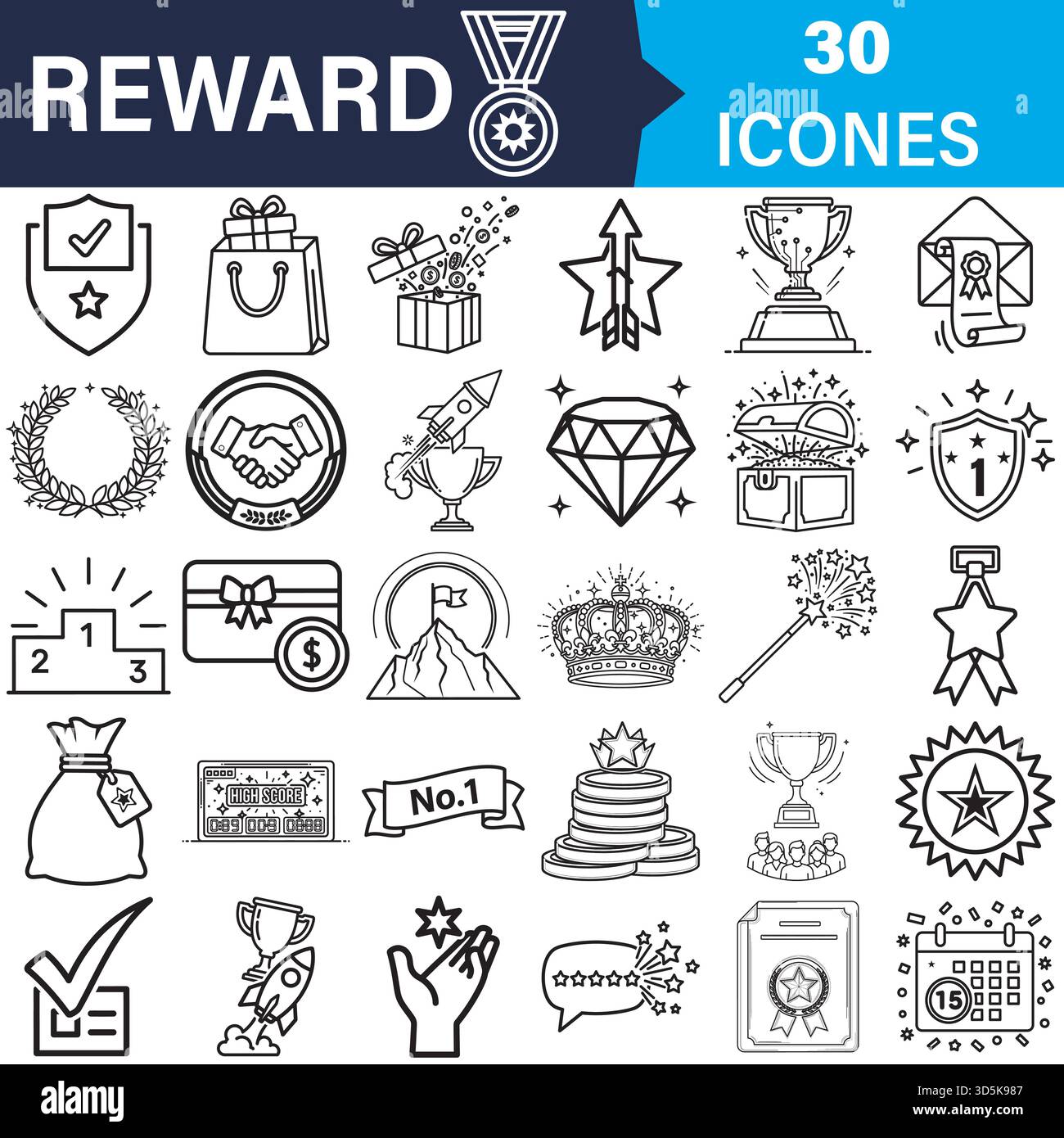 Set di icone della riga premi e traguardi. successo, vittoria, bonus, fedeltà. Vettore Illustrazione Vettoriale