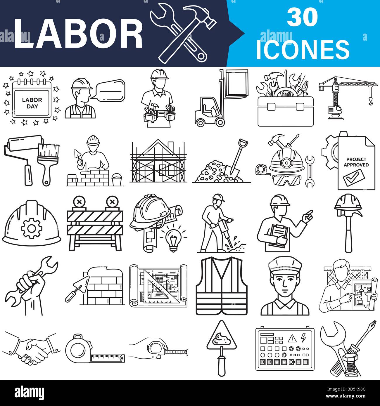 Set di icone vettoriali per la costruzione e la giornata lavorativa per i lavoratori industriali Vector Illustrazione Vettoriale
