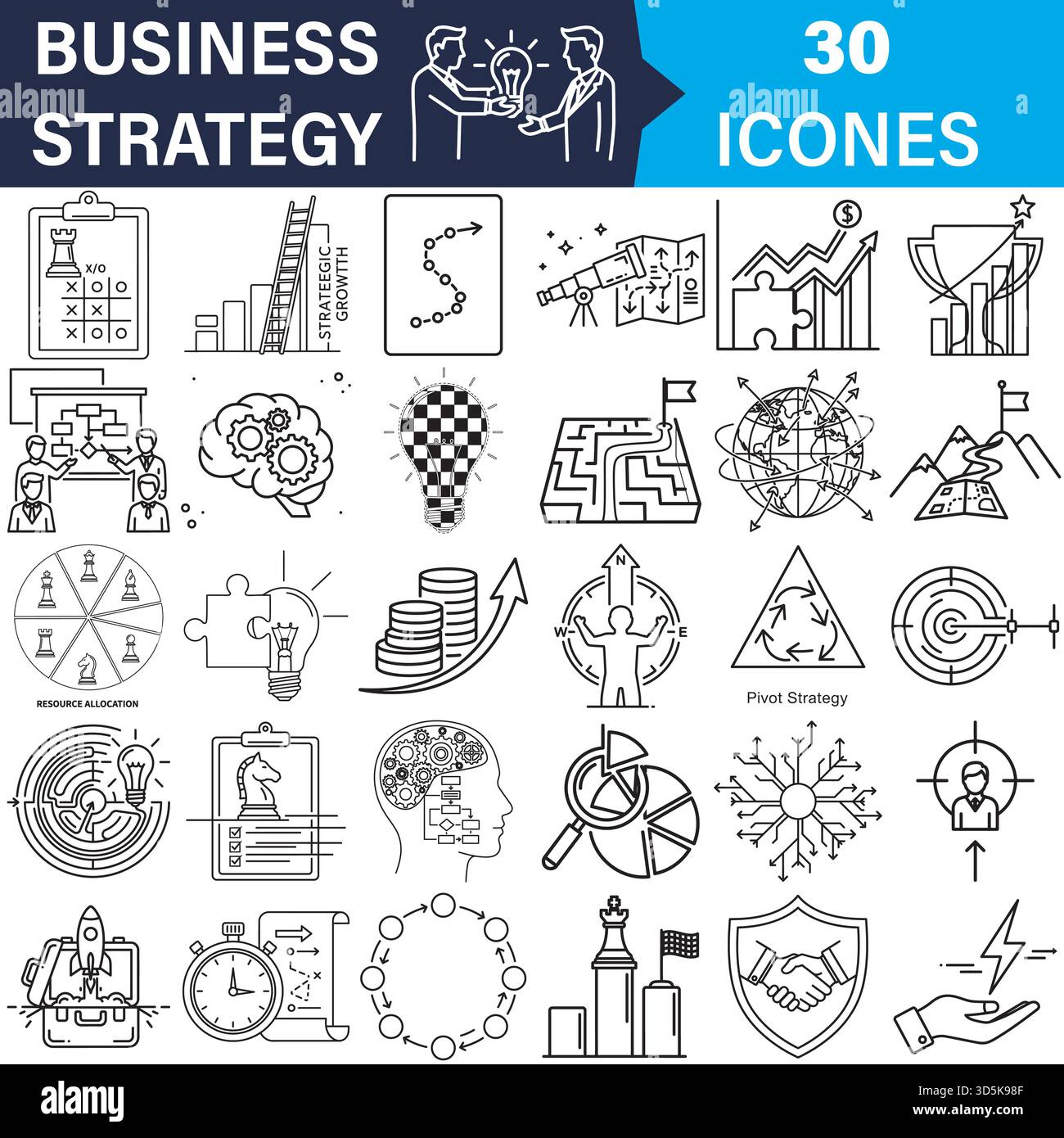 Le icone della linea di pianificazione aziendale strategica sono destinate al successo e alla crescita. Vettore Illustrazione Vettoriale