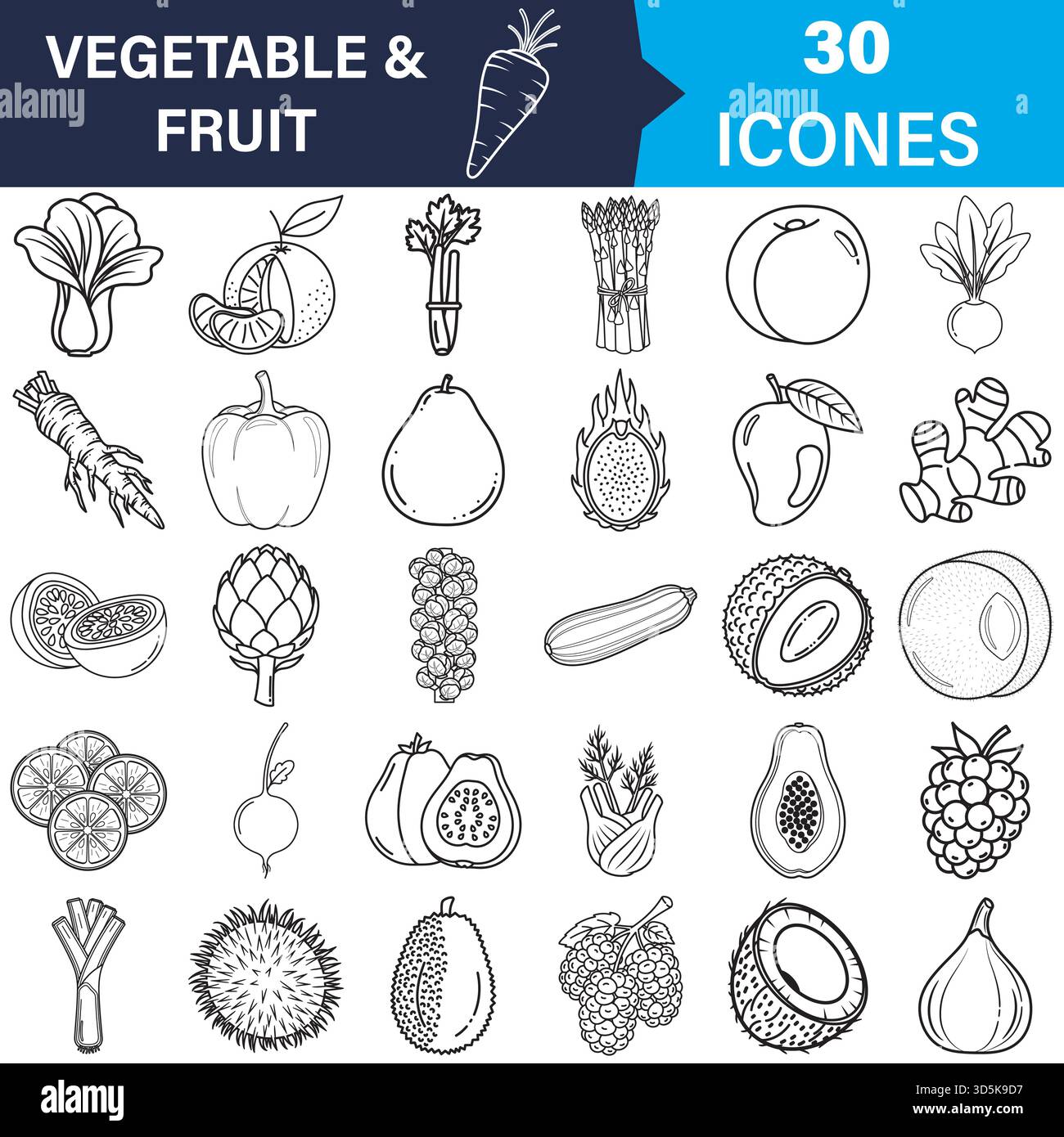 Collezione di icone Vector per la produzione di frutta e verdura disegnata a mano Illustrazione Vettoriale