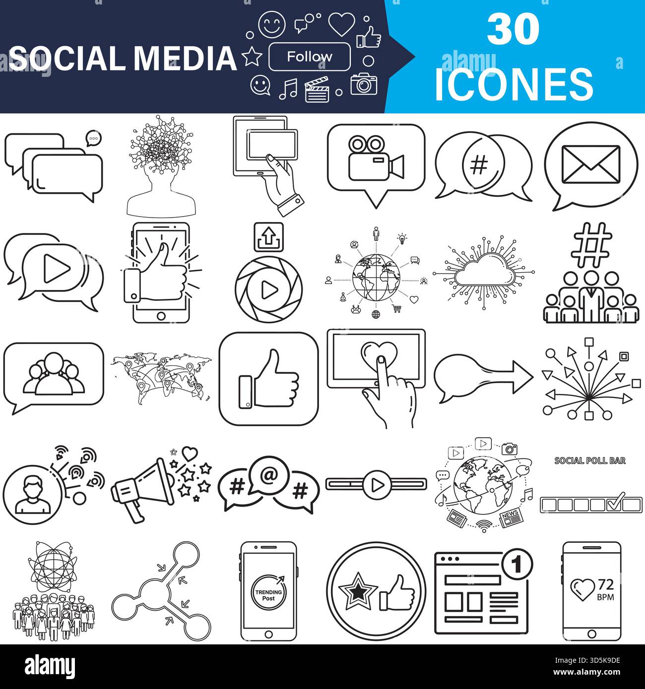 Il set di icone Media News delinea la grafica vettoriale di comunicazione globale Illustrazione Vettoriale