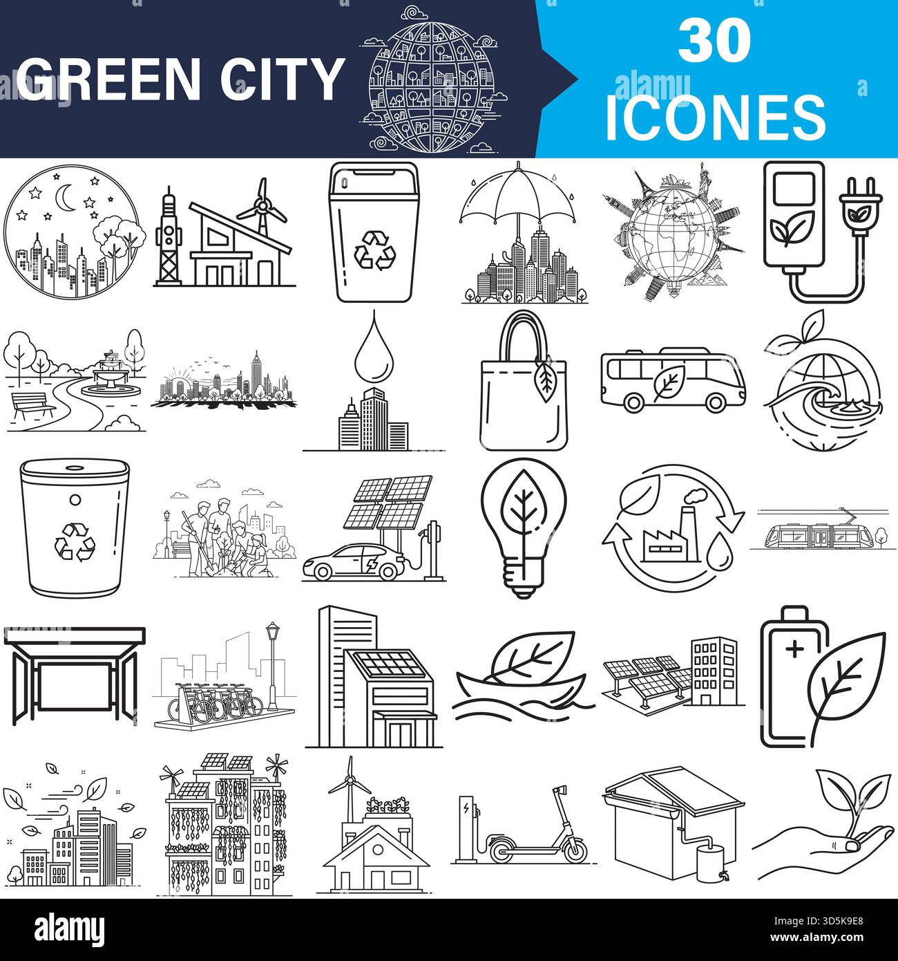 Ecologia delle città verdi e ambiente urbano sostenibile icone vettoriali Vector Illustrazione Vettoriale