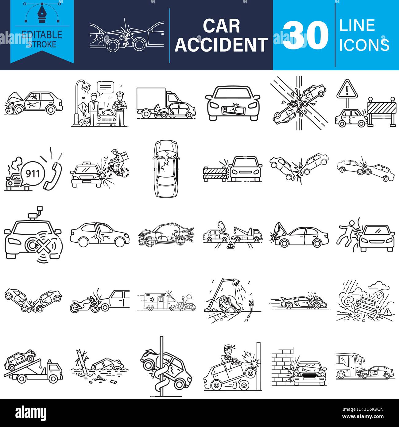 Set di icone della linea incidente auto, illustrazioni vettoriali di traccia modificabili Illustrazione Vettoriale