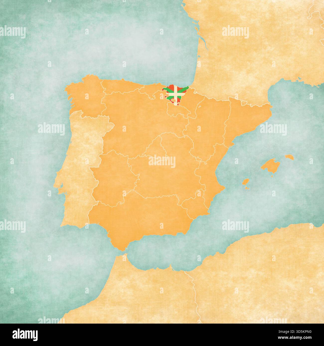 I Paesi Baschi (bandiera basca) sulla mappa della Spagna in morbido grunge e stile vintage, come la carta vecchia con pittura ad acquerello. Foto Stock