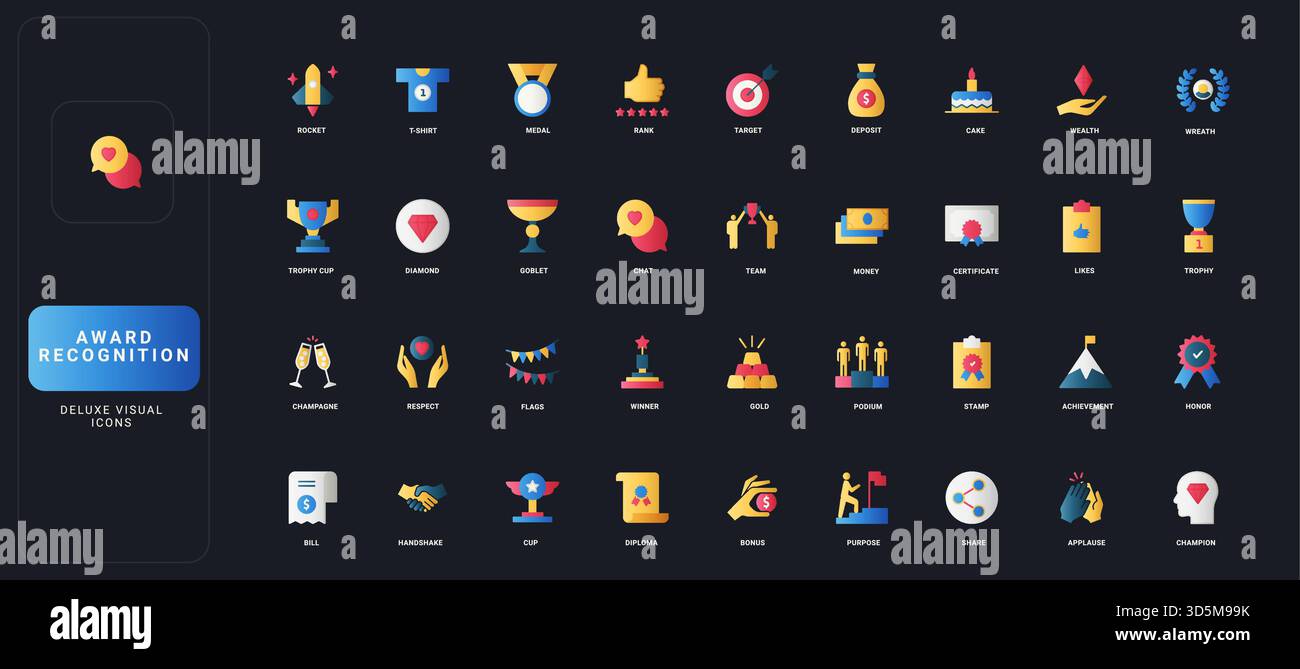 Set di icone in stile gradiente piatto con trofei, medaglie, certificati, risultati, premi, ed elementi celebrativi su sfondo scuro dell'interfaccia utente per temi di riconoscimento e successo. Illustrazione Vettoriale
