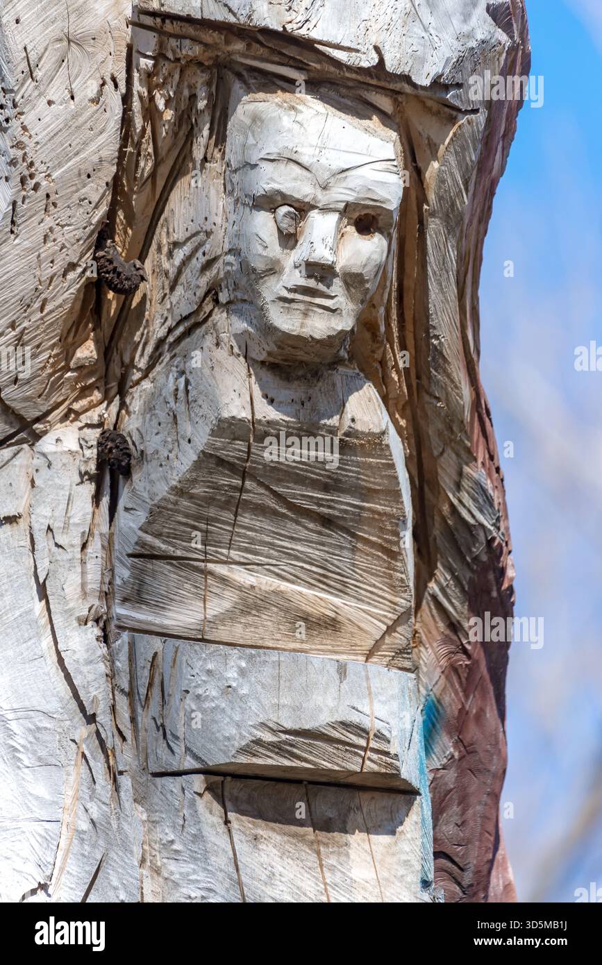 Intaglio di una testa su un faro di bufalo. Foto Stock