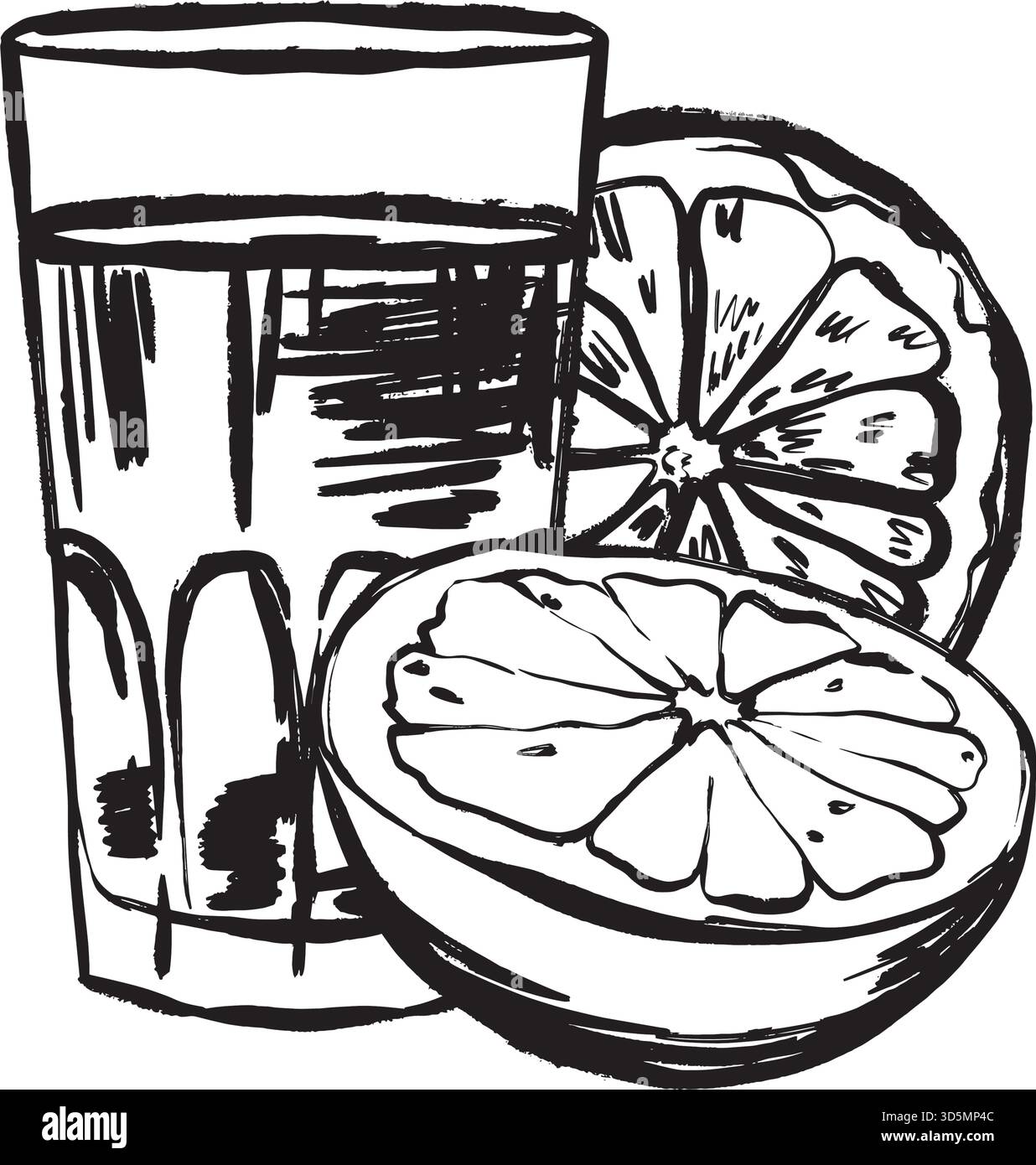 Bicchiere di succo di agrumi con frutta dimezzata e segmenti visibili che suggeriscono spreme fresche, bancone da caffè e rinfresco vibrante, illustrazione vettoriale in bianco e nero disegnata a mano in stile art di linea. Illustrazione Vettoriale