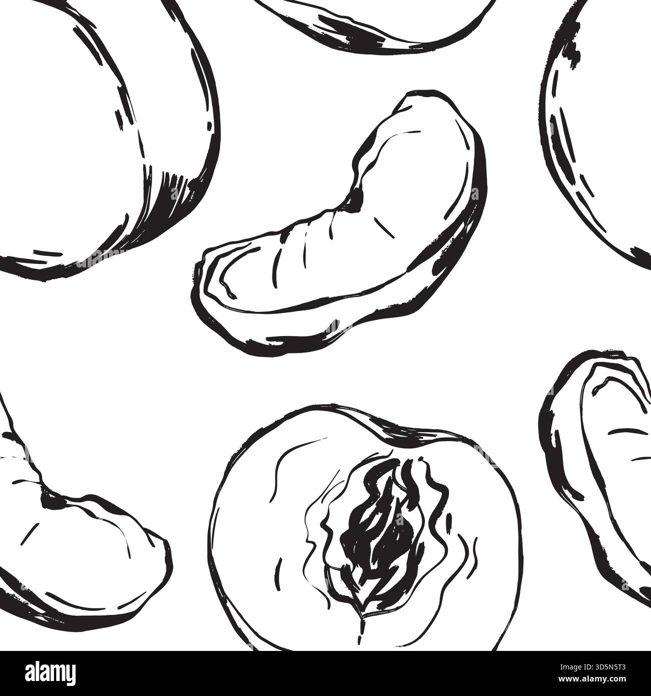 disegna il motivo della pesca con fette di frutta, pesche intere e pozze tagliate a metà, disegna linee a inchiostro monocromatico con pelle e semi testurizzati, disegno vettoriale bianco e nero senza cuciture in stile line art. Illustrazione Vettoriale